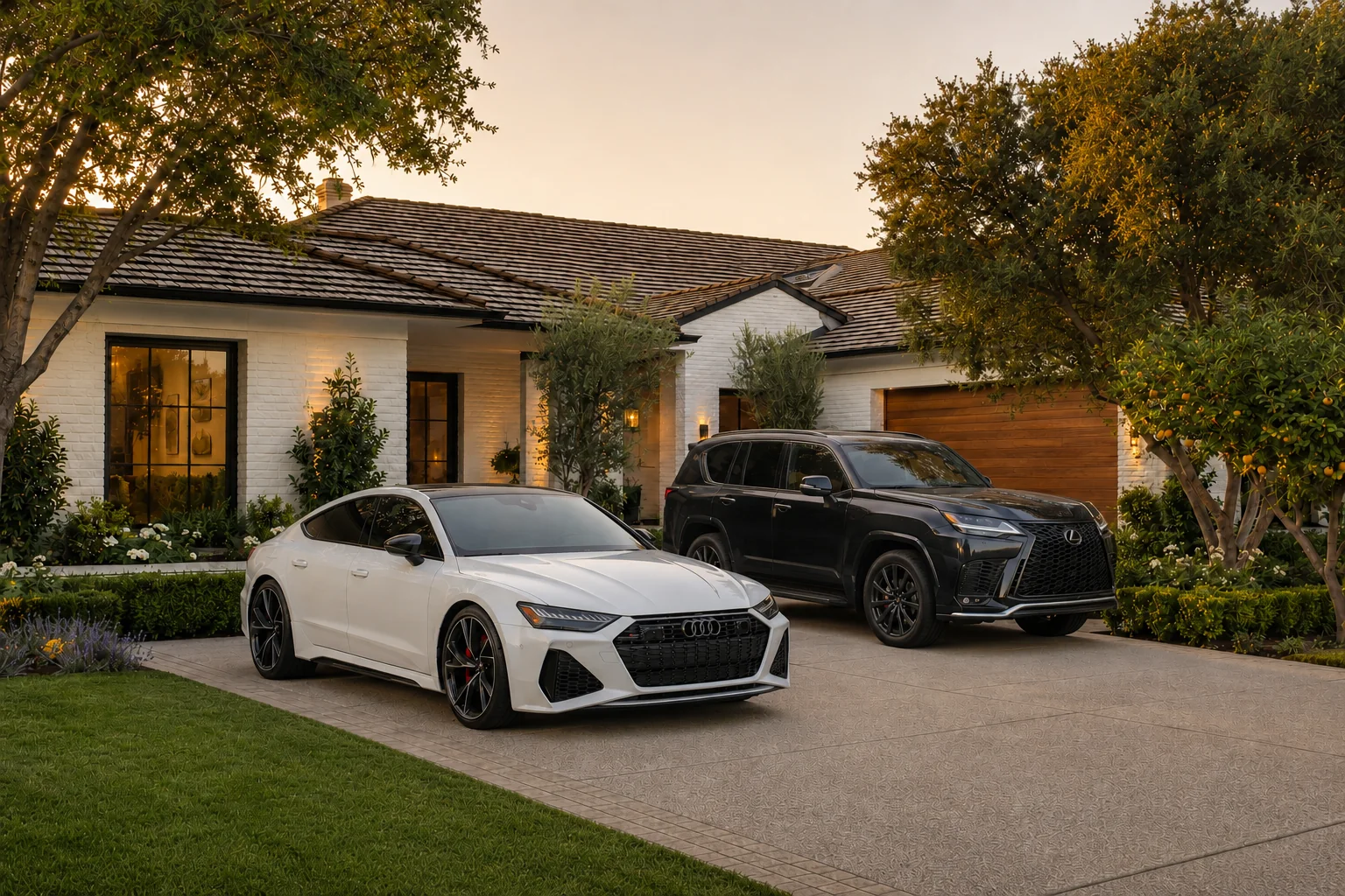 Two cared-for vehicles parked at an Arcadia residence